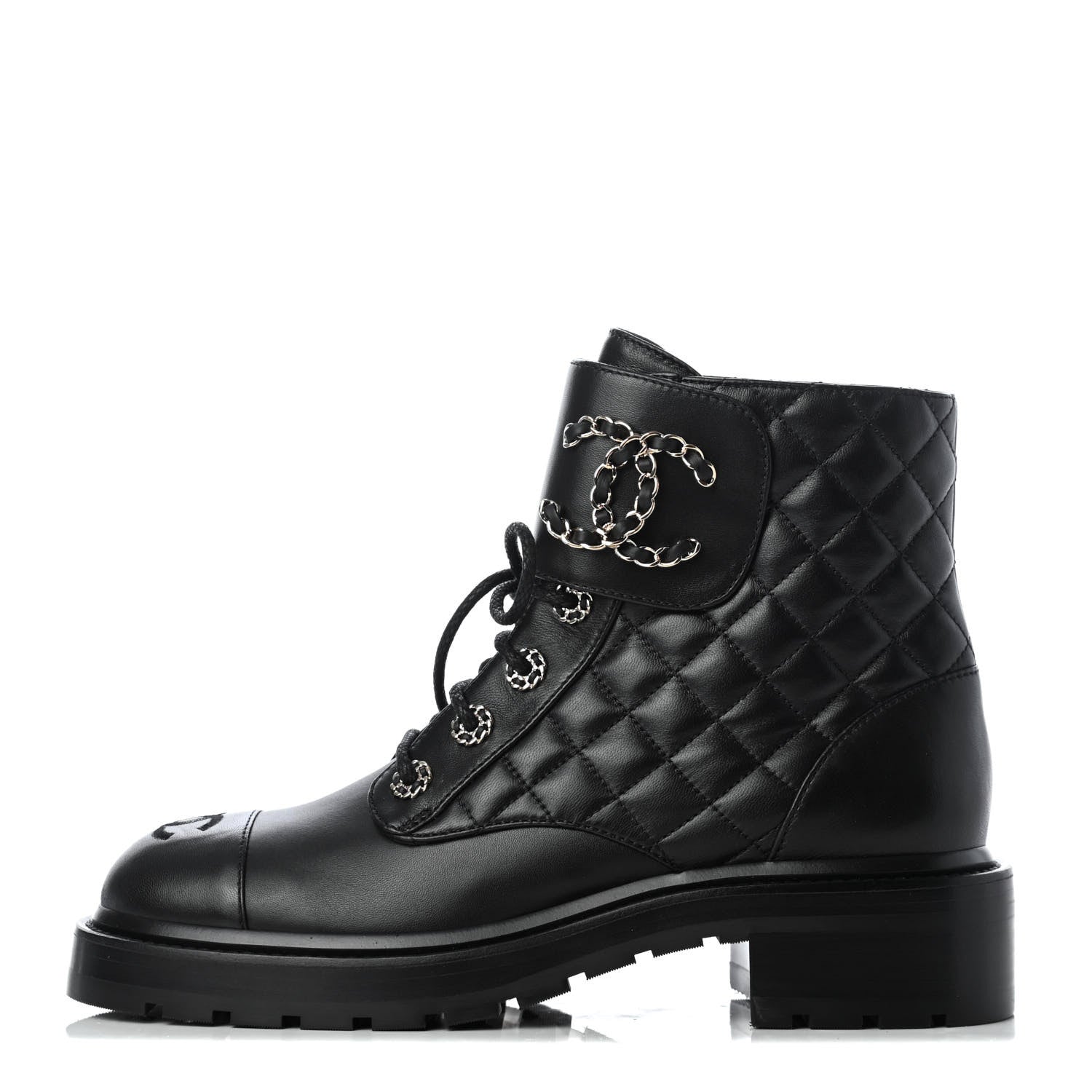 Chanel Shiny Lambskin Quilted Lace Up Combat Boots 38.5 Black 2 of 22