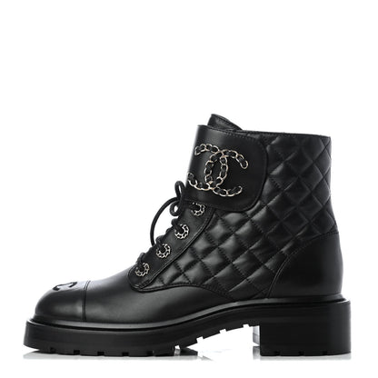Chanel Shiny Lambskin Quilted Lace Up Combat Boots 38.5 Black 2 of 22