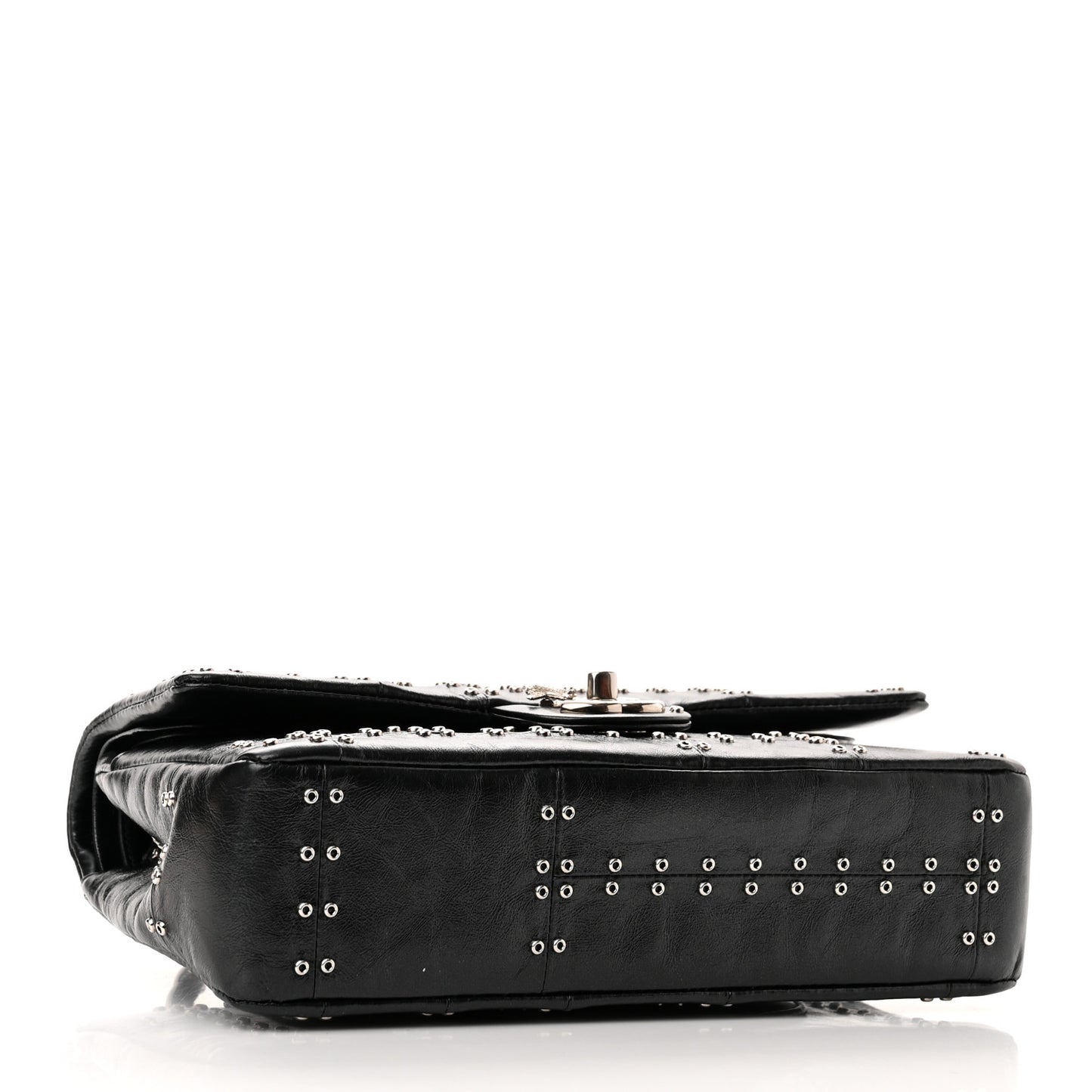 Glazed Calfskin Grommet Embellished Medium Airline Double Flap Black