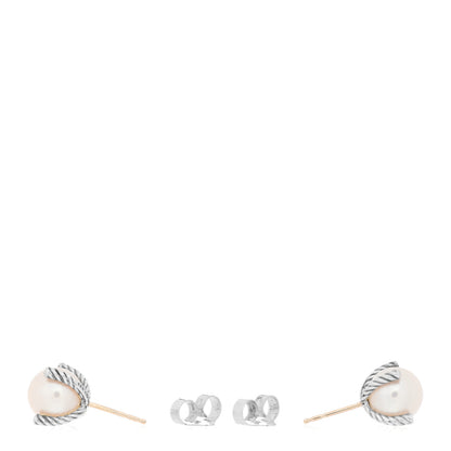David Yurman Sterling Silver Diamond Pearl 10mm Cable Stud Earrings 5 of 5