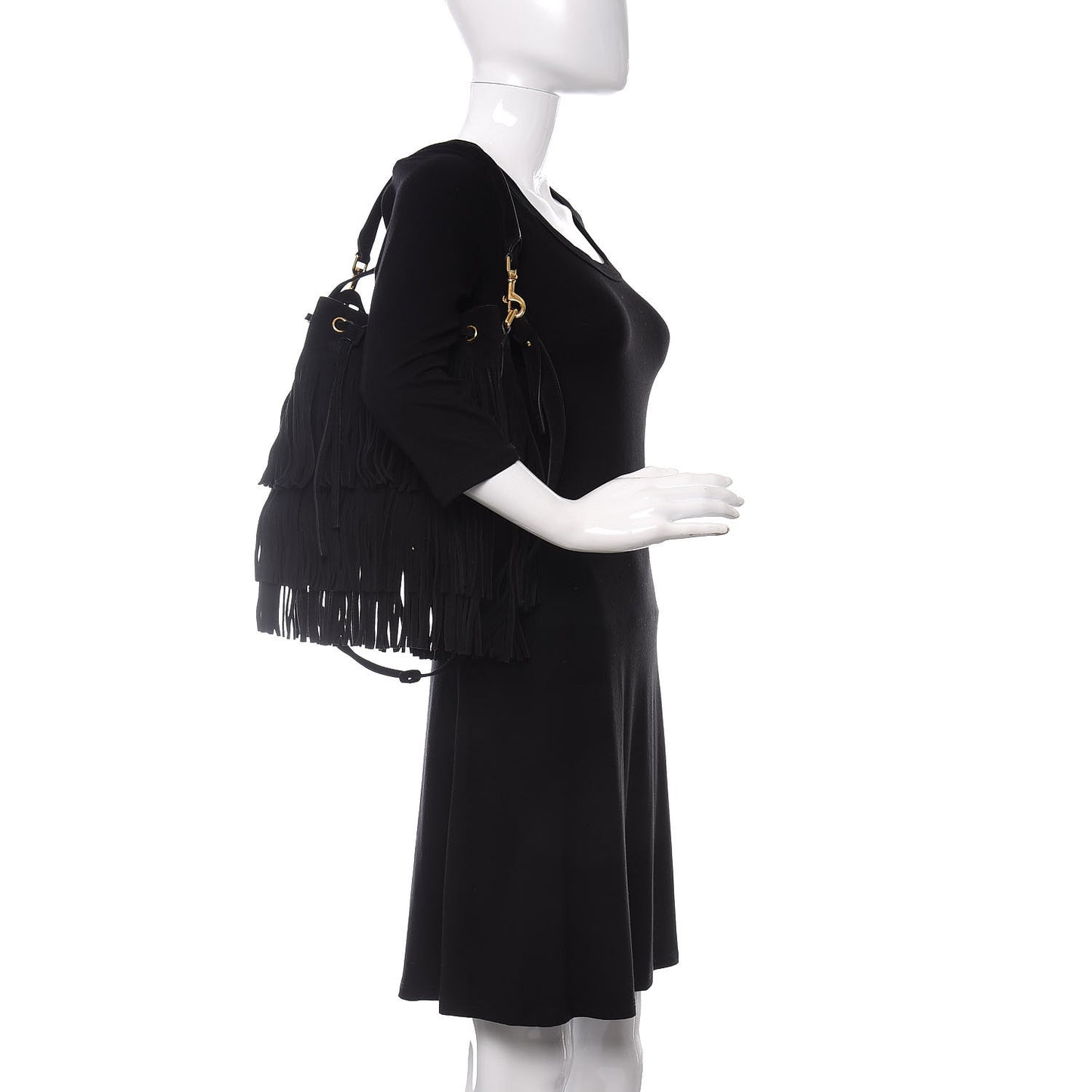 Suede Calfskin Small Emmanuelle Fringe Bucket Bag Black
