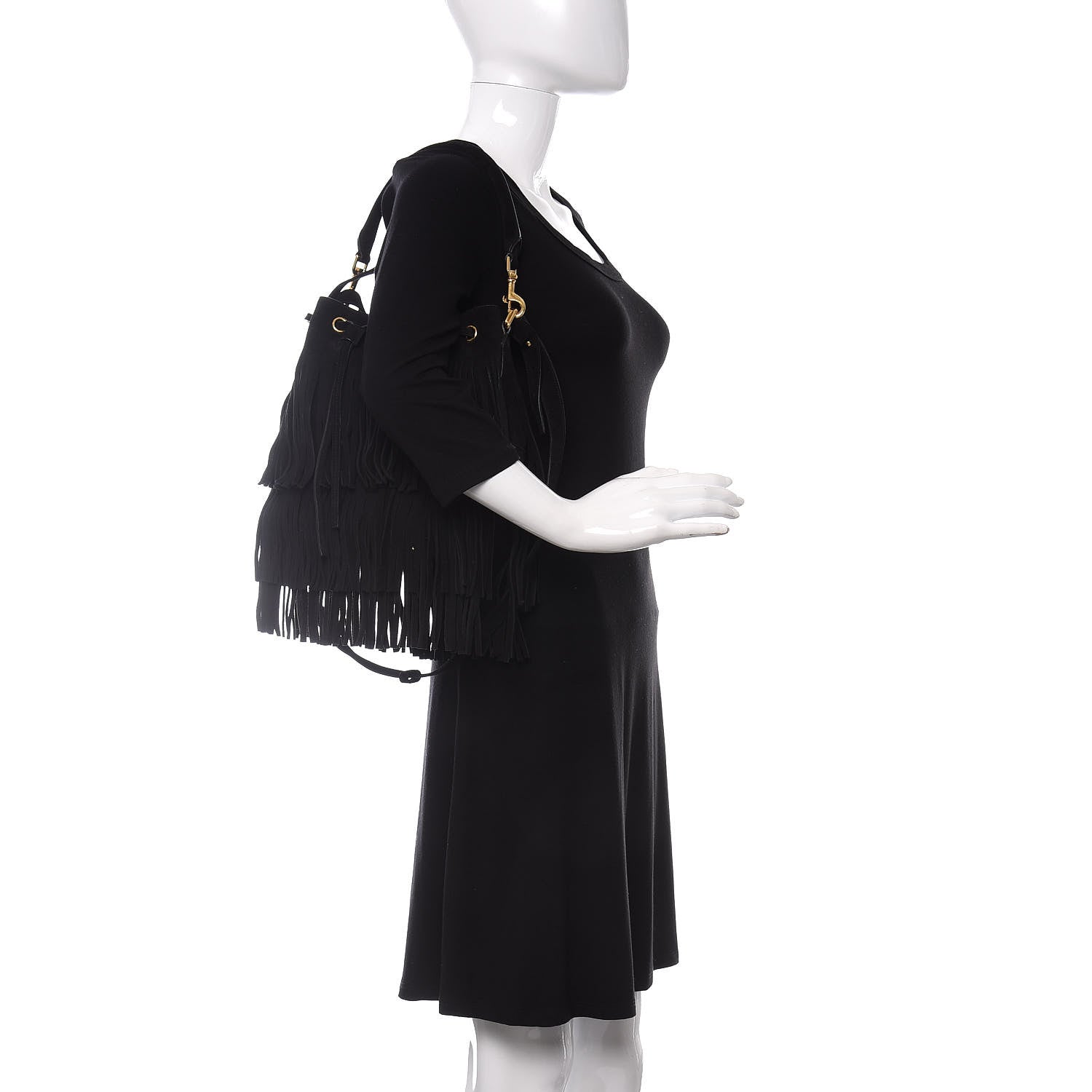 Saint Laurent Suede Calfskin Small Emmanuelle Fringe Bucket Bag Black 2 of 11