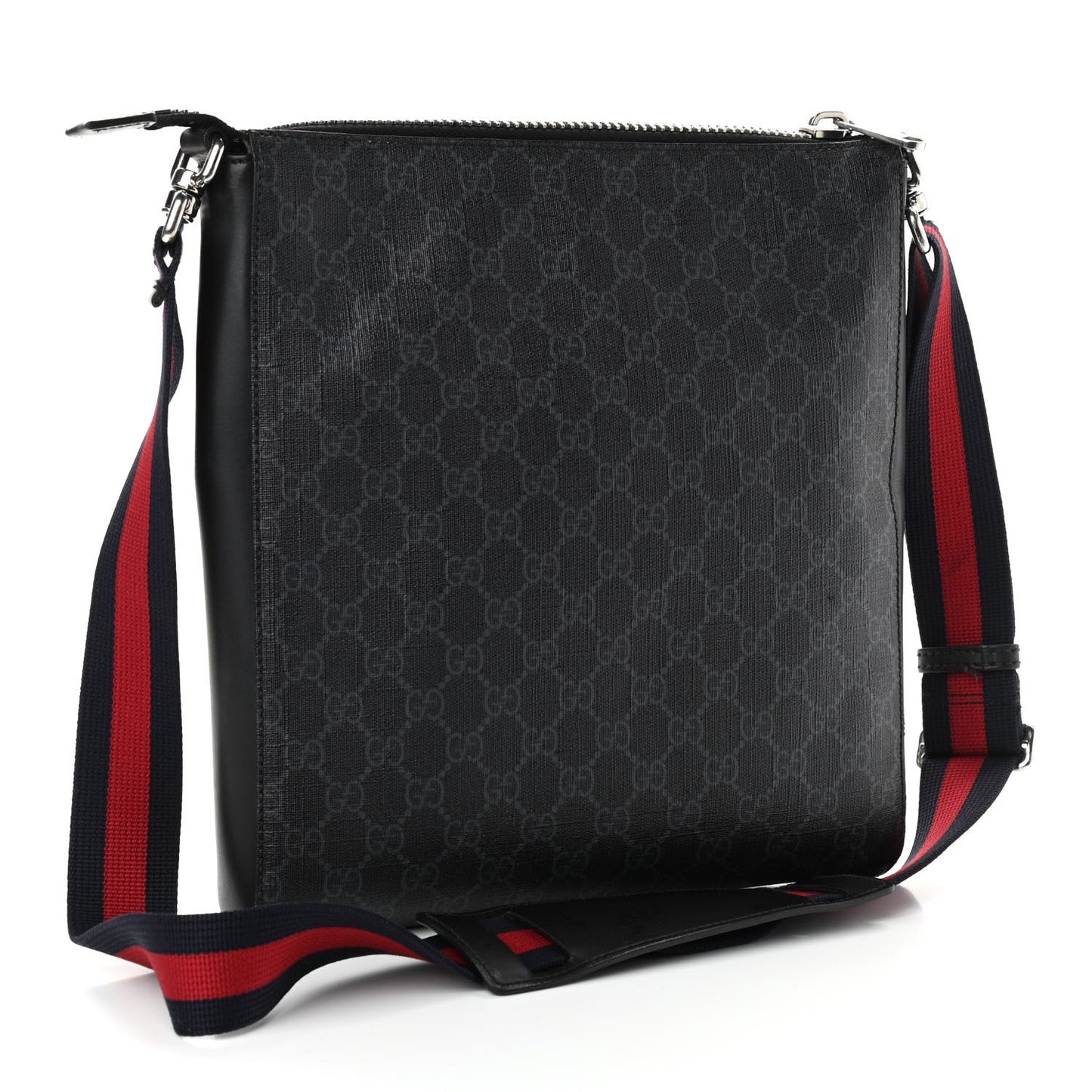 GG Supreme Monogram Appia Calfskin Web Flat Messenger Bag Black Grey