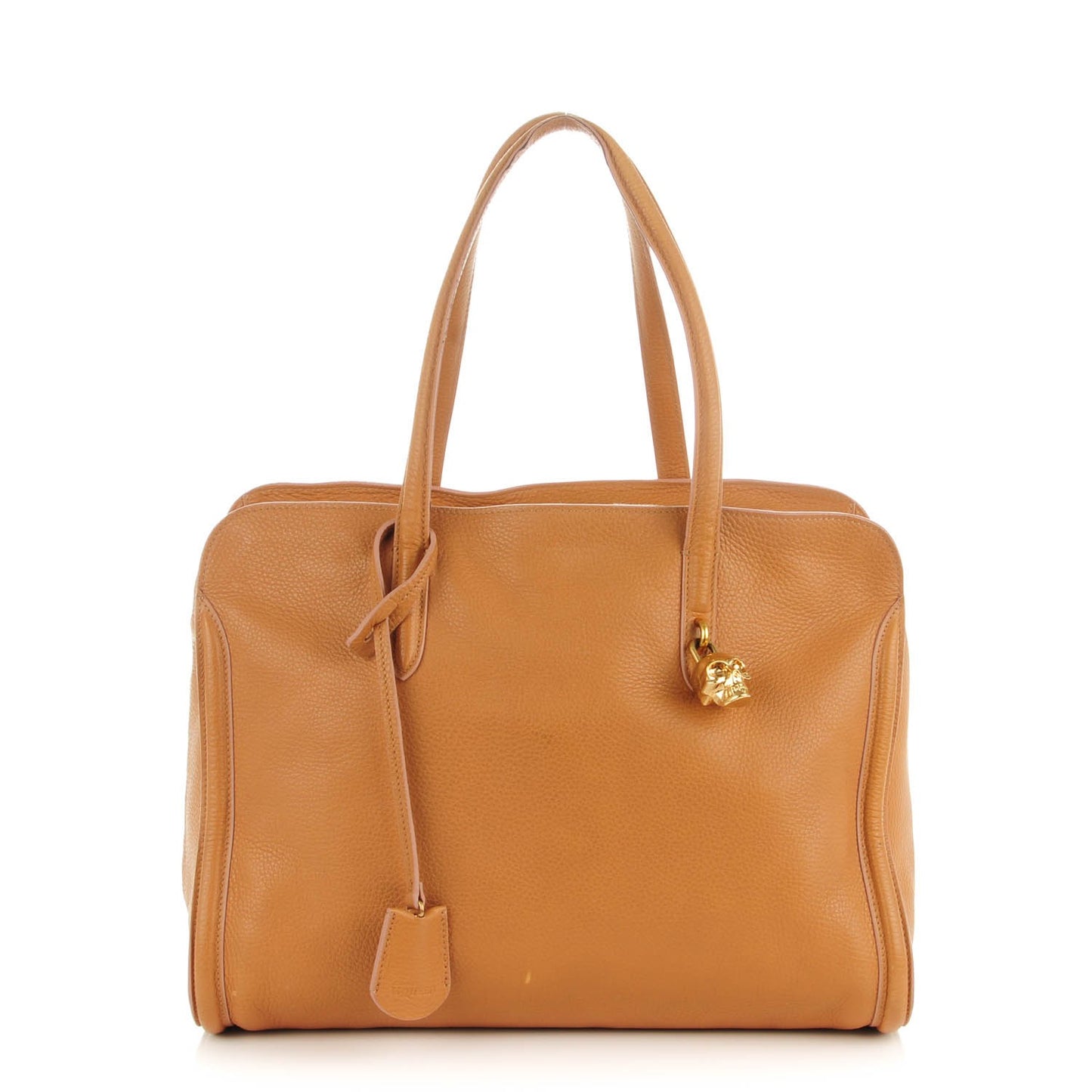 Pebbled Calfskin Large Skull Padlock Zip Around Tote Burnt Camel