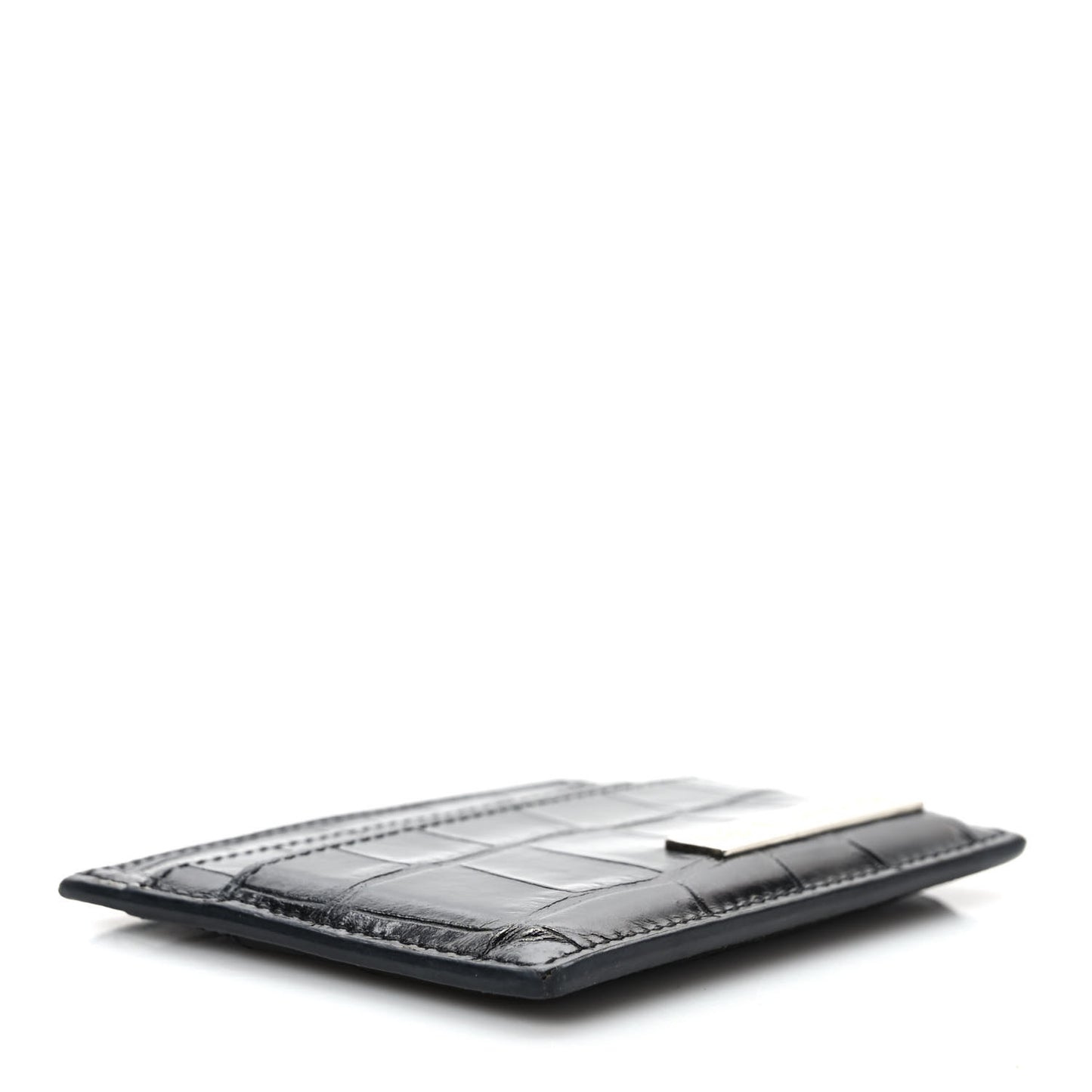 Shiny Calfskin Crocodile Embossed Logo Plate Card Case Black
