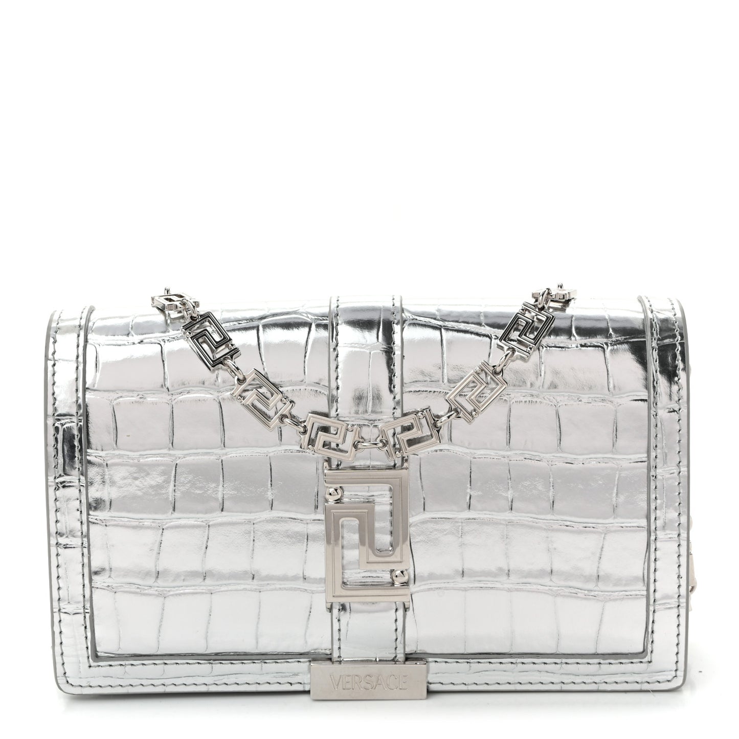 Metallic Crocodile Embossed Calfskin Greca Goddess Wallet On Chain Silver