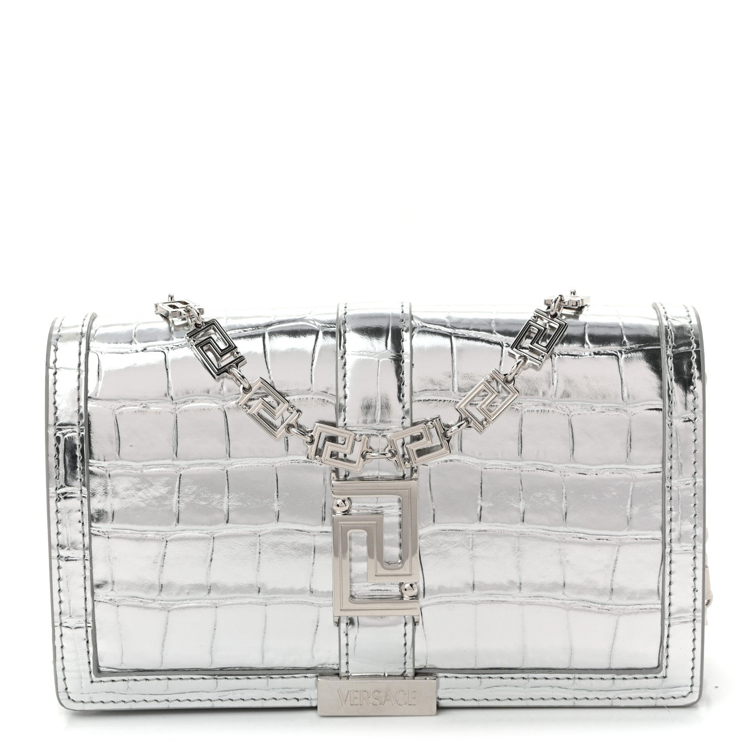 Versace Metallic Crocodile Embossed Calfskin Greca Goddess Wallet On Chain Silver 1 of 9