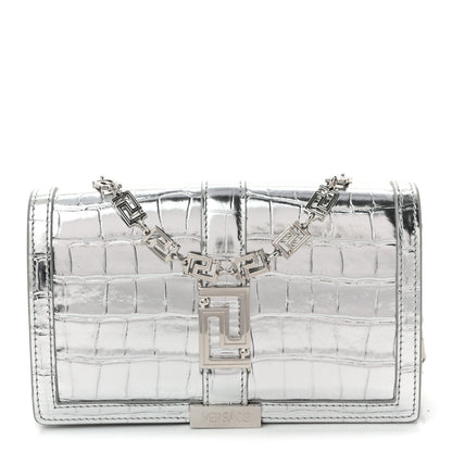 Versace Metallic Crocodile Embossed Calfskin Greca Goddess Wallet On Chain Silver 1 of 9