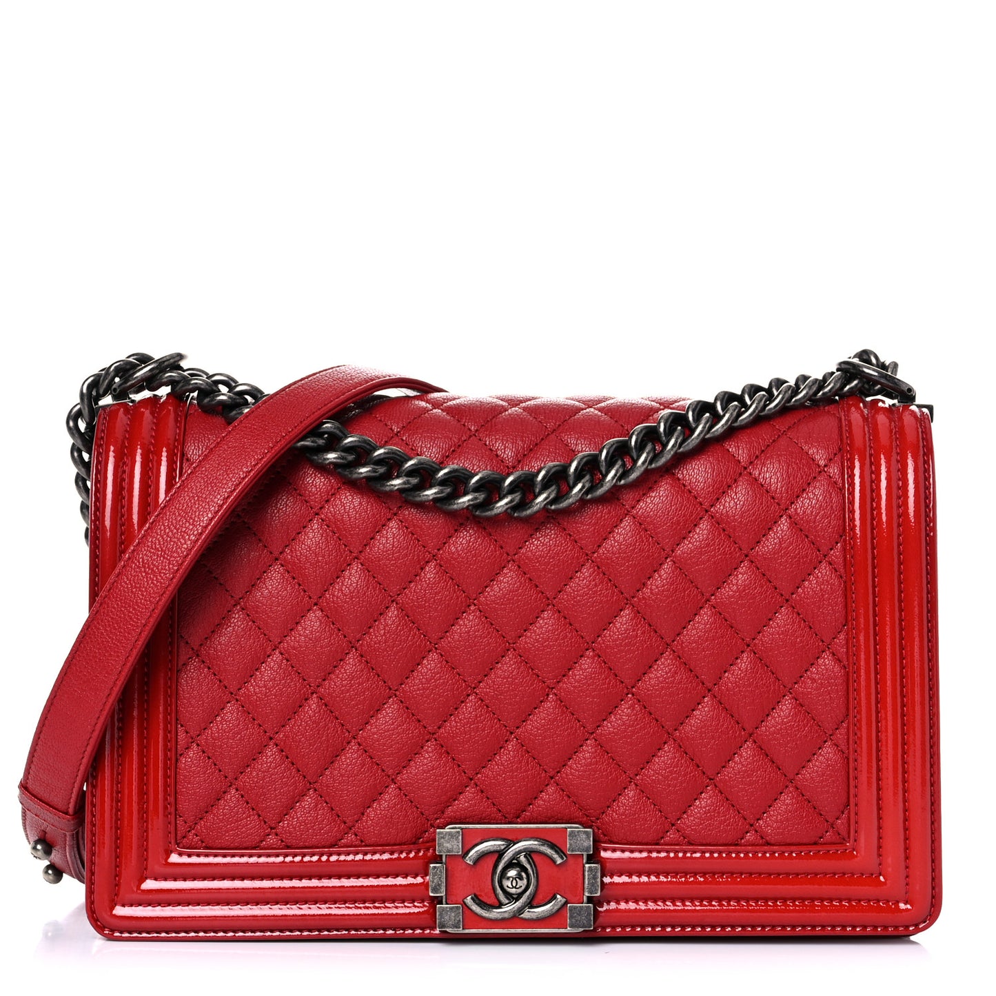 Patent Goatskin Quilted New Medium Boy Flap Red