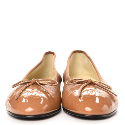 Chanel Patent Goatskin Cap Toe Ballerina Flats 37.5 Camel 2 of 9