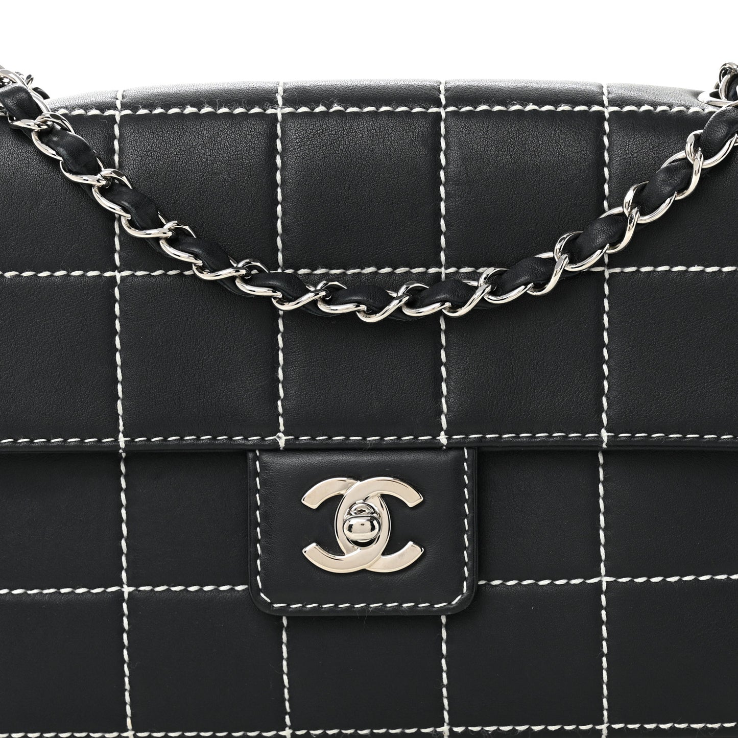 Calfskin Contrast Stitched Medium Single Flap Navy Blue