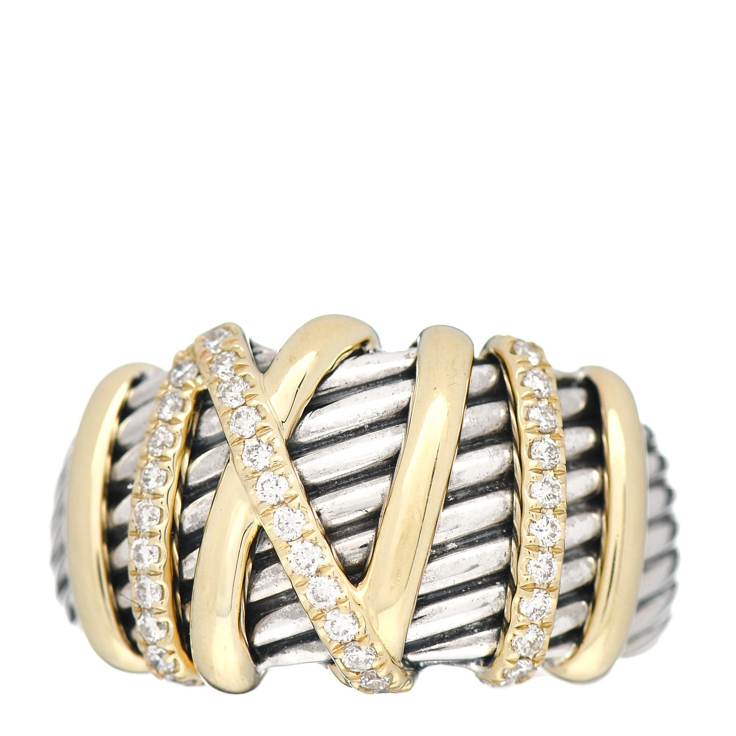 David Yurman Sterling Silver 18K Yellow Gold Diamond 15mm Helena Ring 60 9 1 of 5