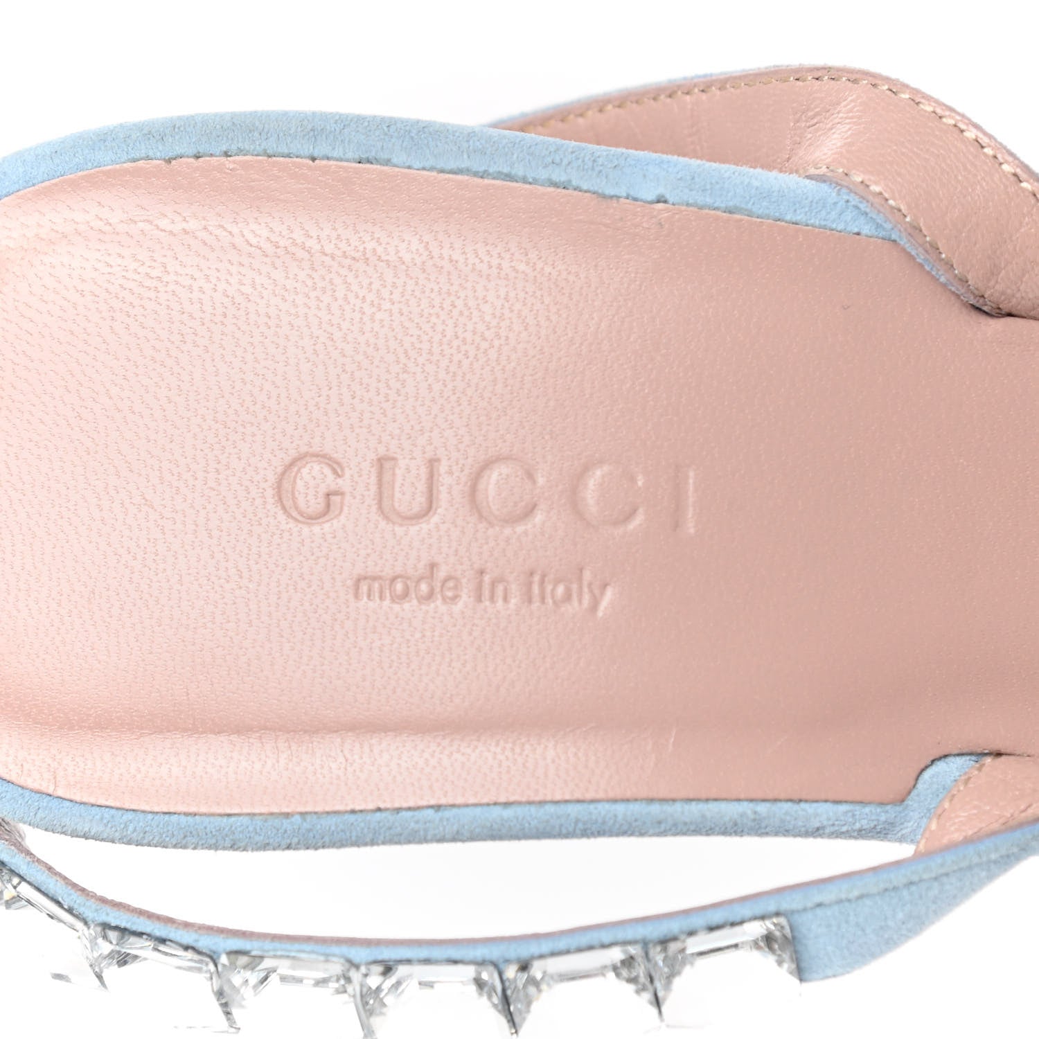 Gucci Crystal Kid Scamosciato Mallory Slingback Sandals 38.5 Transparent Mineral Blue 7 of 12