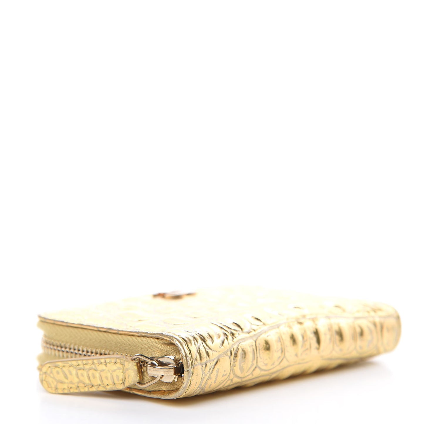 Metallic Calfskin Crocodile Embossed Cocodile Zip Coin Case Gold