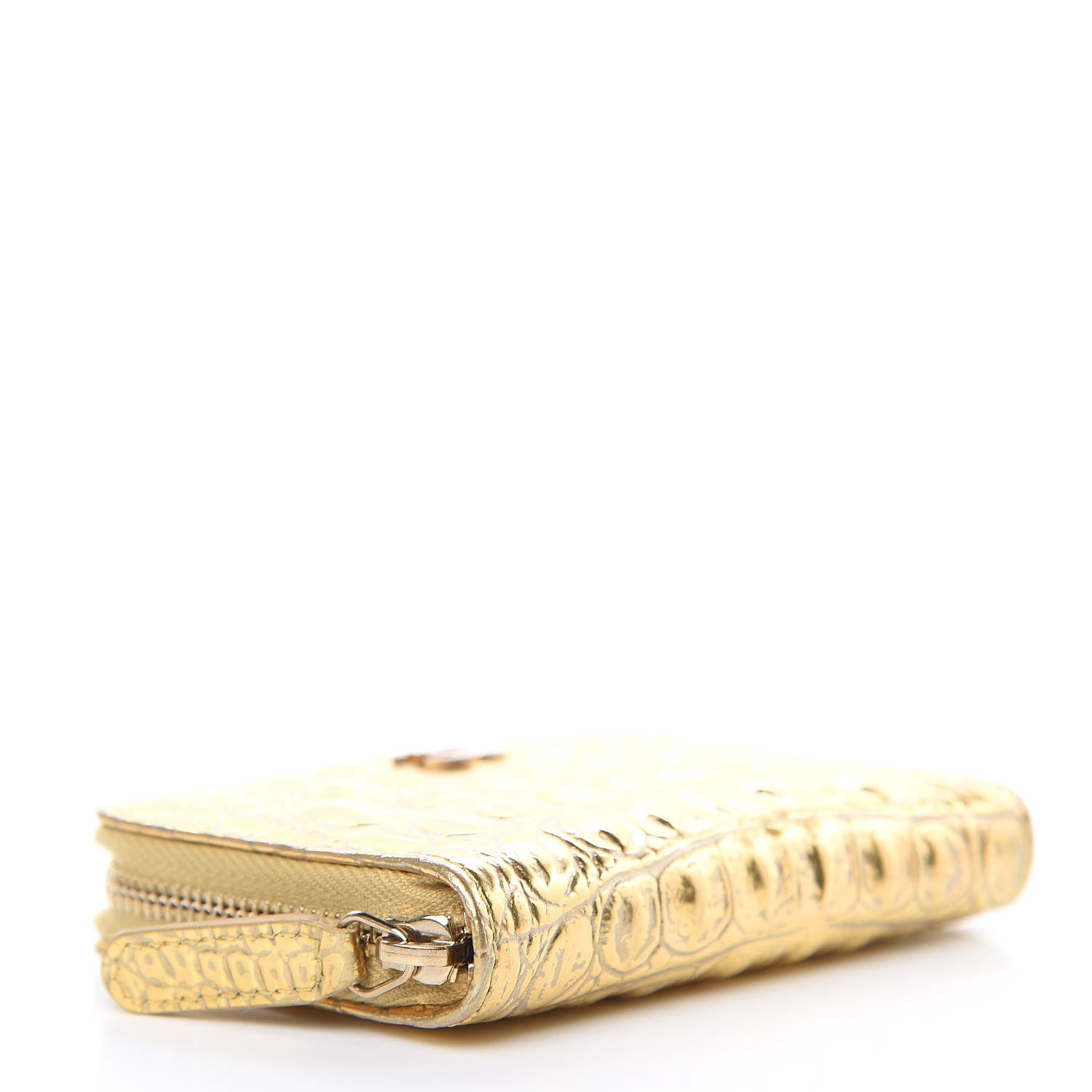 Chanel Metallic Calfskin Crocodile Embossed Cocodile Zip Coin Case Gold 4 of 10
