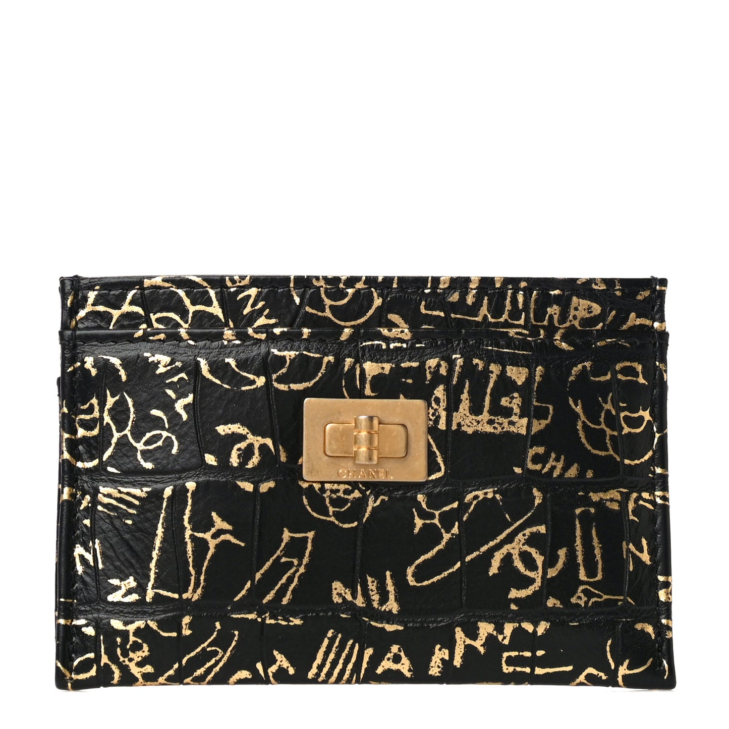 Calfskin Crocodile Embossed Graffiti 2.55 Cocodile Reissue Card Holder Black Gold