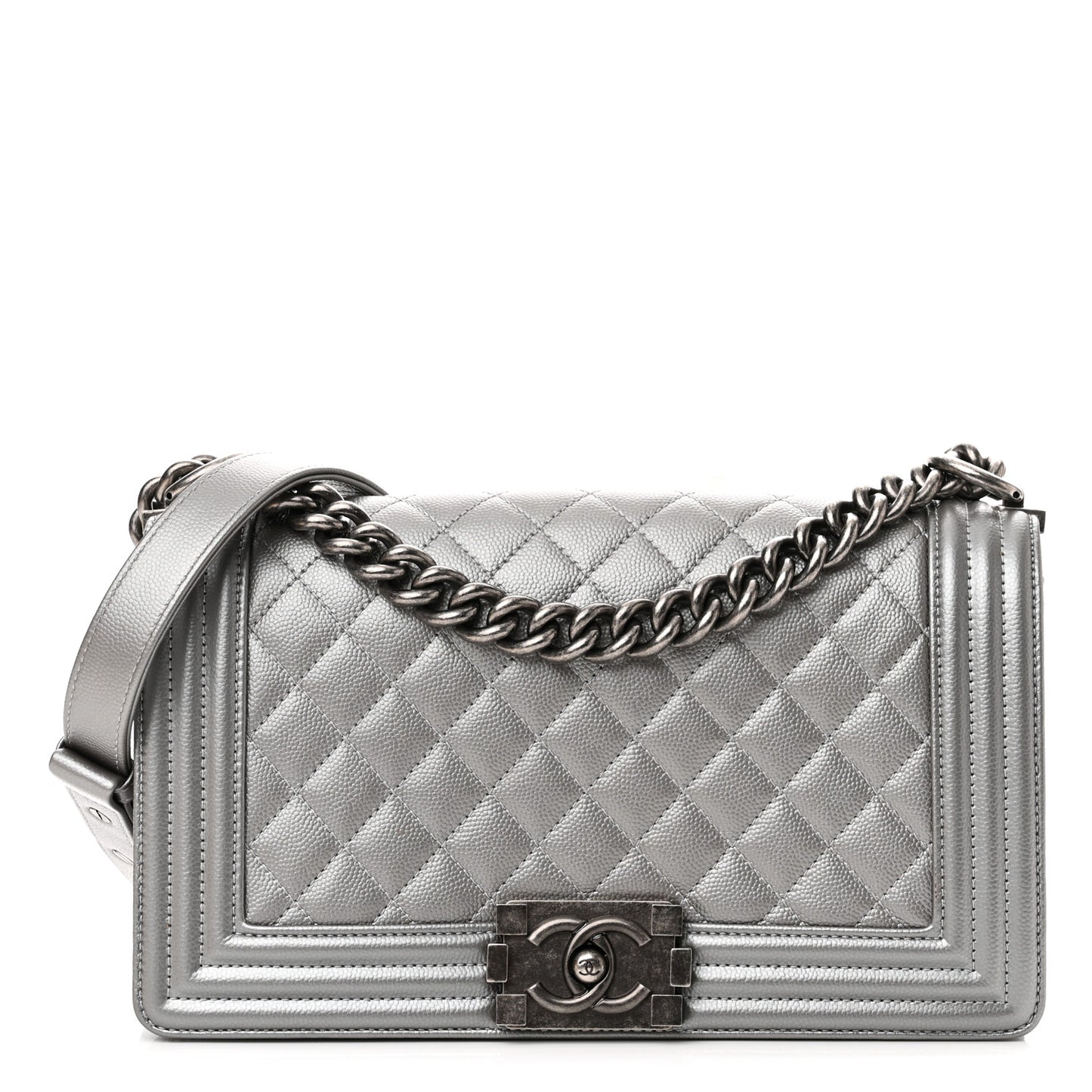 Metallic Caviar Quilted Medium Boy Flap Silver