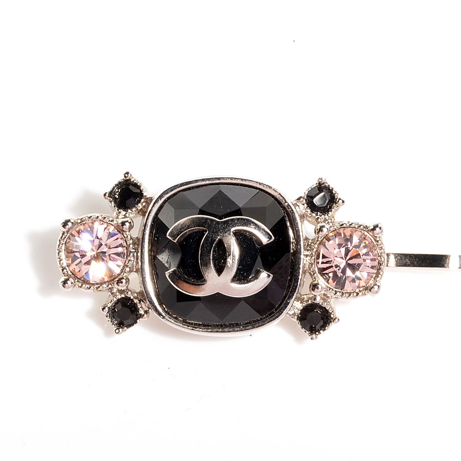 Chanel Crystal CC Hair Clip Pin Pink Black 3 of 4