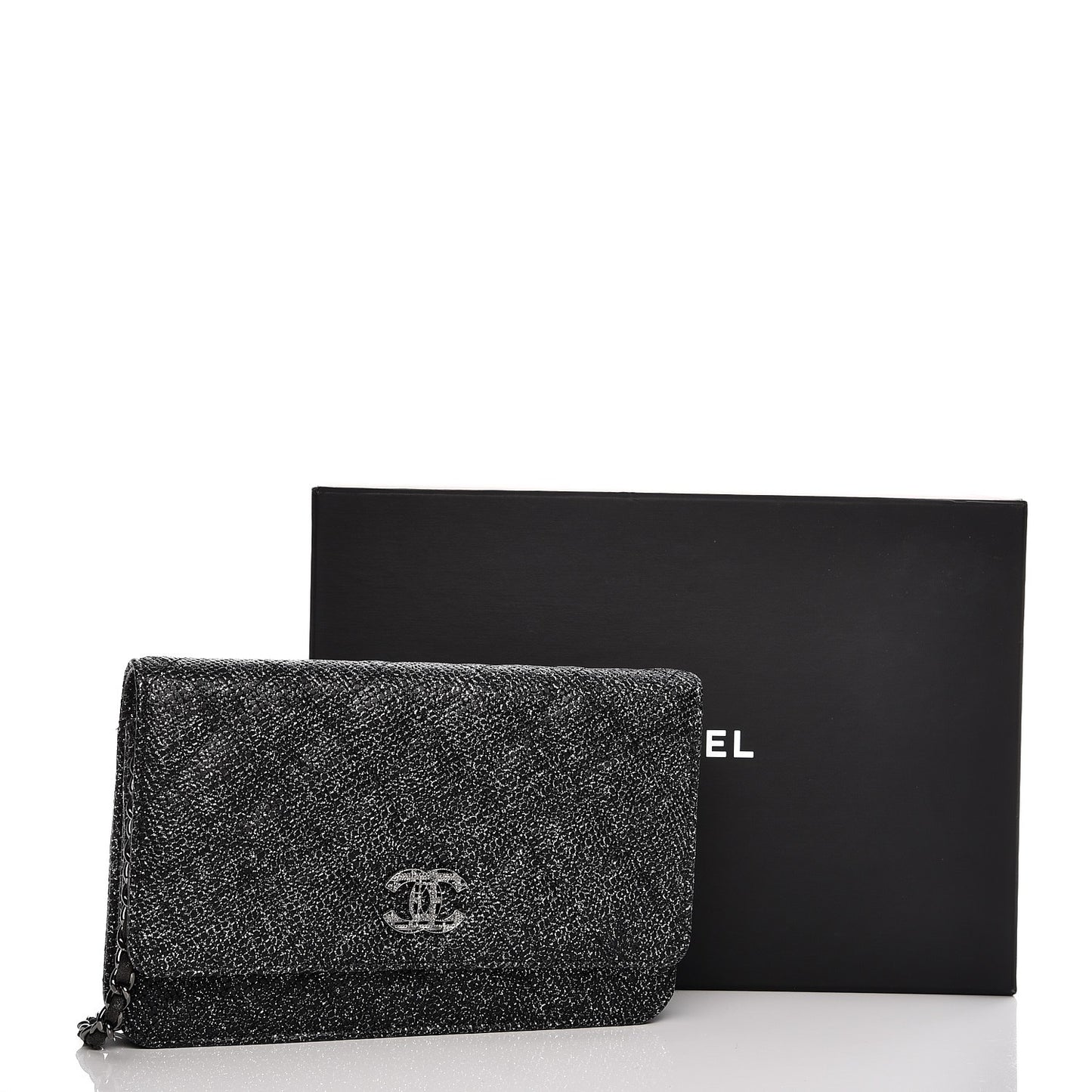 Glitter Calfskin Quilted Wallet on Chain WOC Black Silver