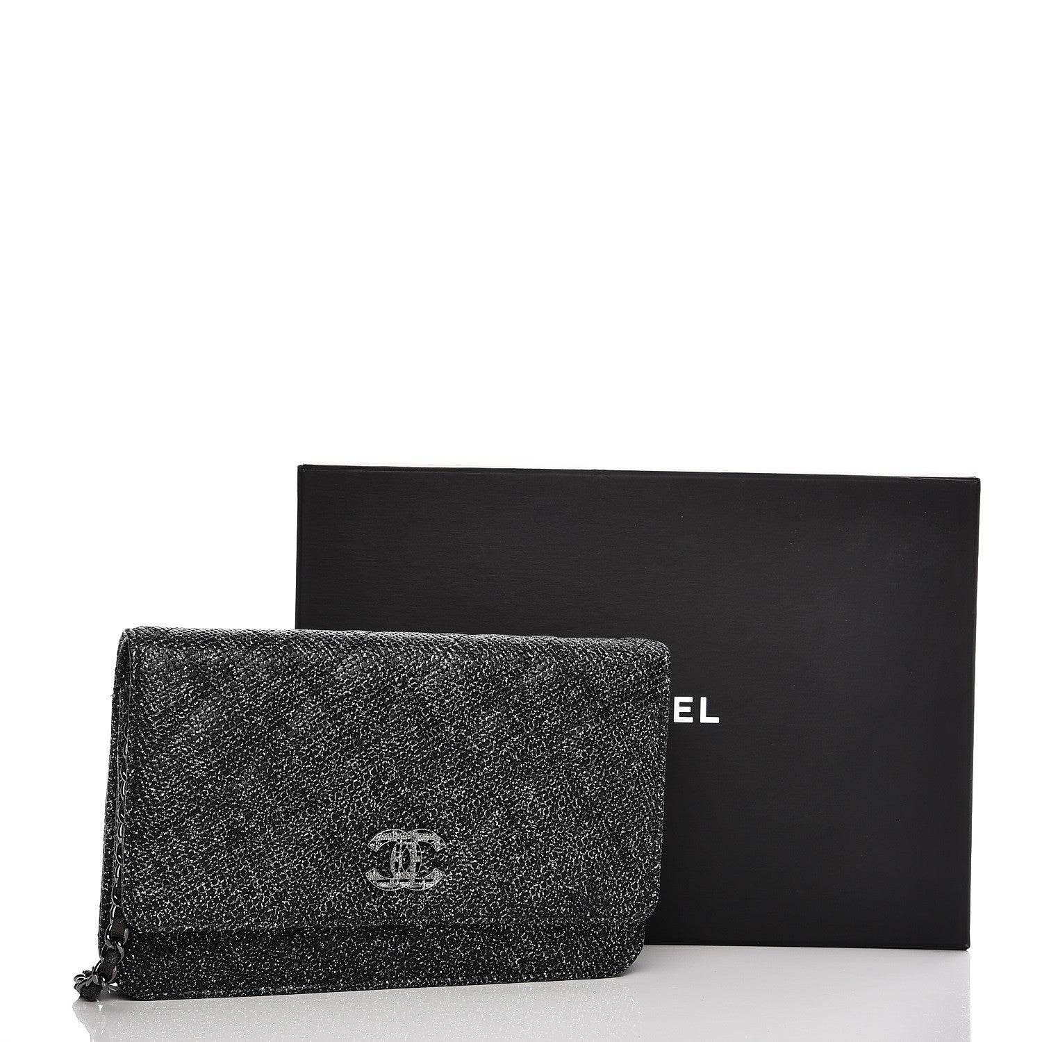 Chanel Glitter Calfskin Quilted Wallet on Chain WOC Black Silver 9 of 9