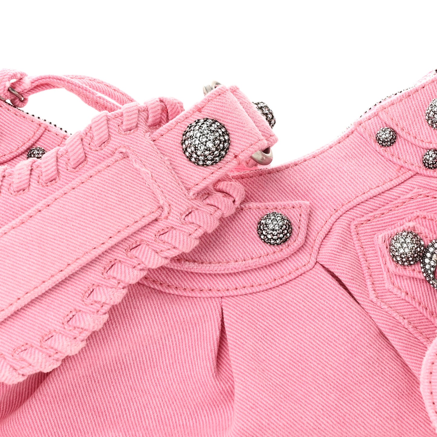 Washed Frayed Denim Crystal Le Cagole Shoulder Bag XS Denim Pink