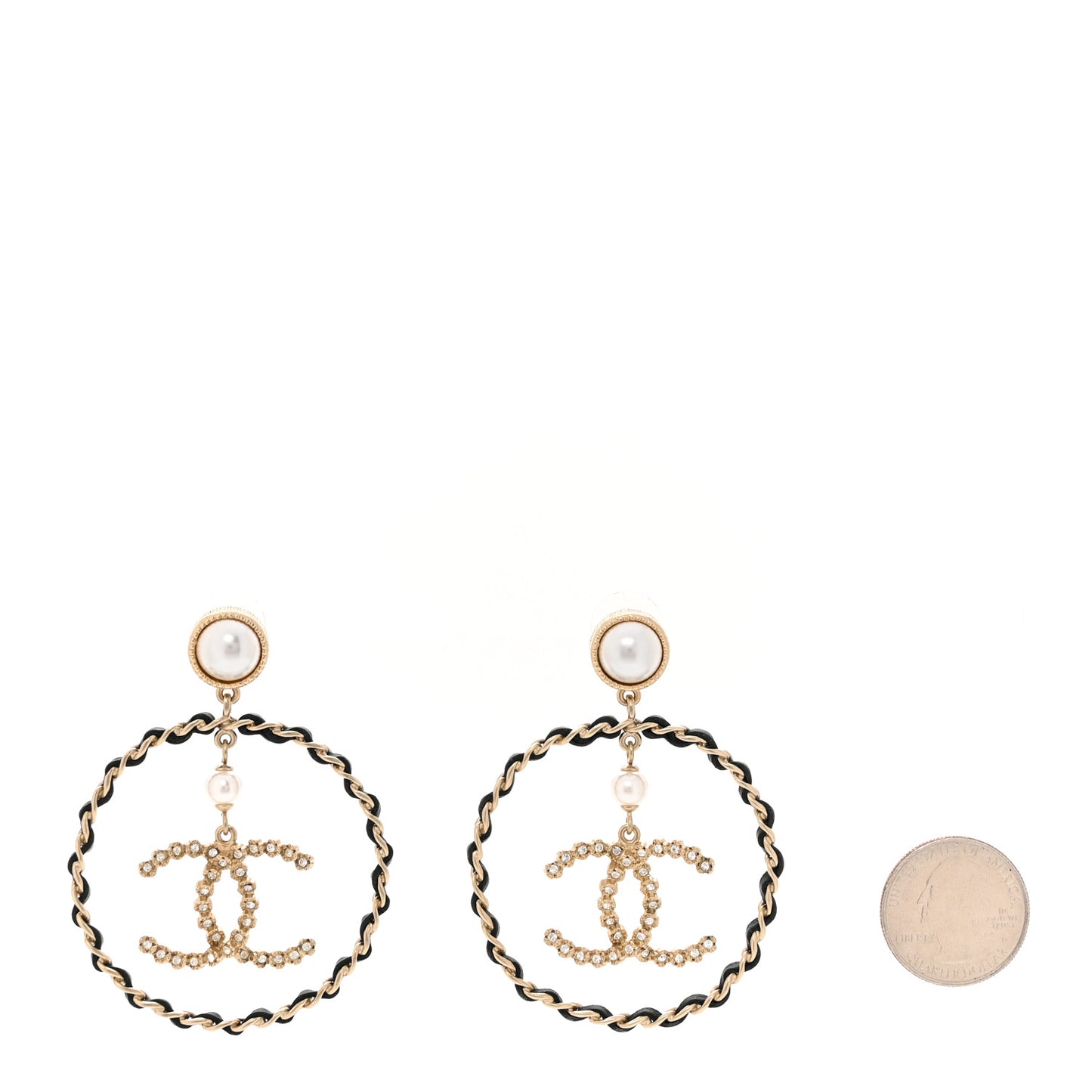 Lambskin Crystal Pearl CC Chain Hoop Earrings Gold Black