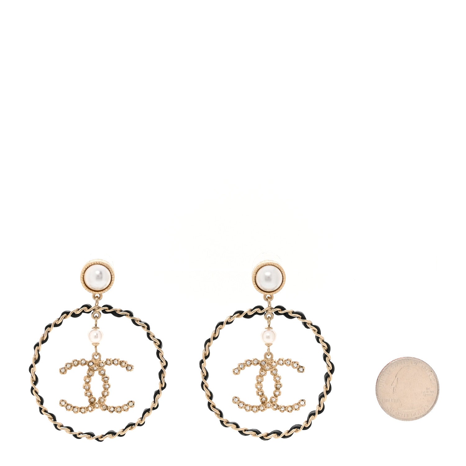 Chanel Lambskin Crystal Pearl CC Chain Hoop Earrings Gold Black 2 of 4