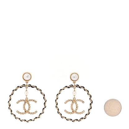 Chanel Lambskin Crystal Pearl CC Chain Hoop Earrings Gold Black 2 of 4