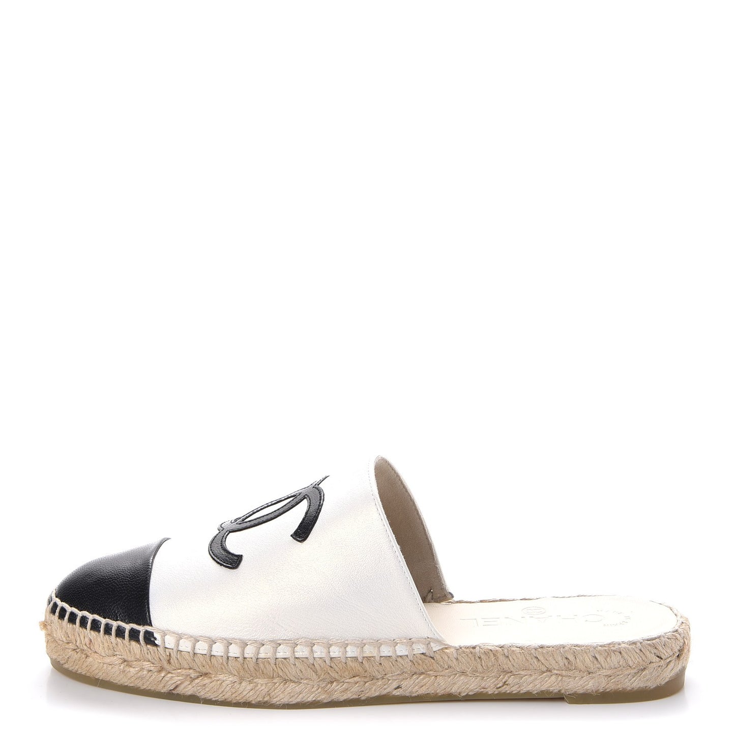 Iridescent Goatskin CC Espadrille Mules 37 Ivory Black