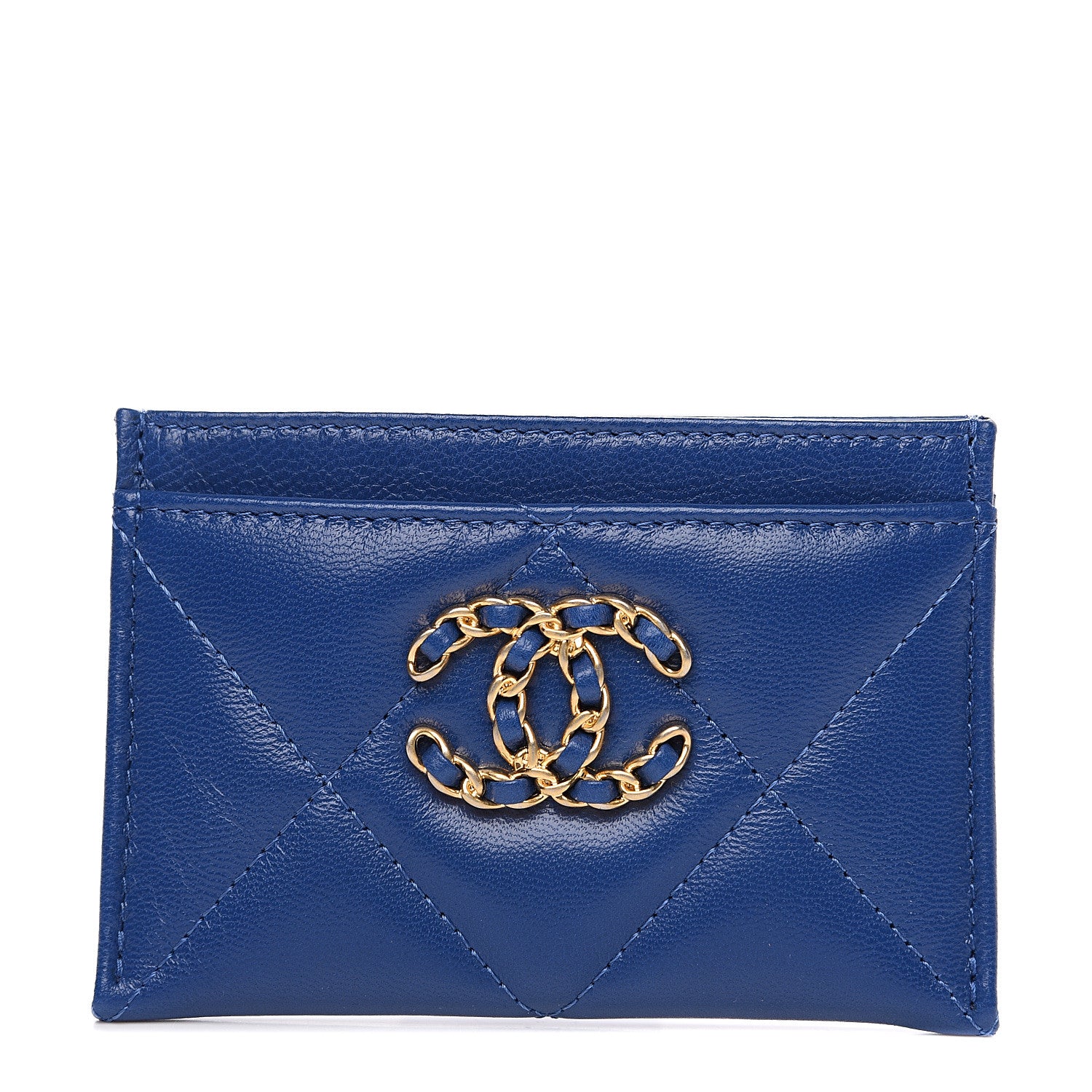 Chanel Shiny Goatskin Quilted Chanel 19 Card Holder Dark Blue