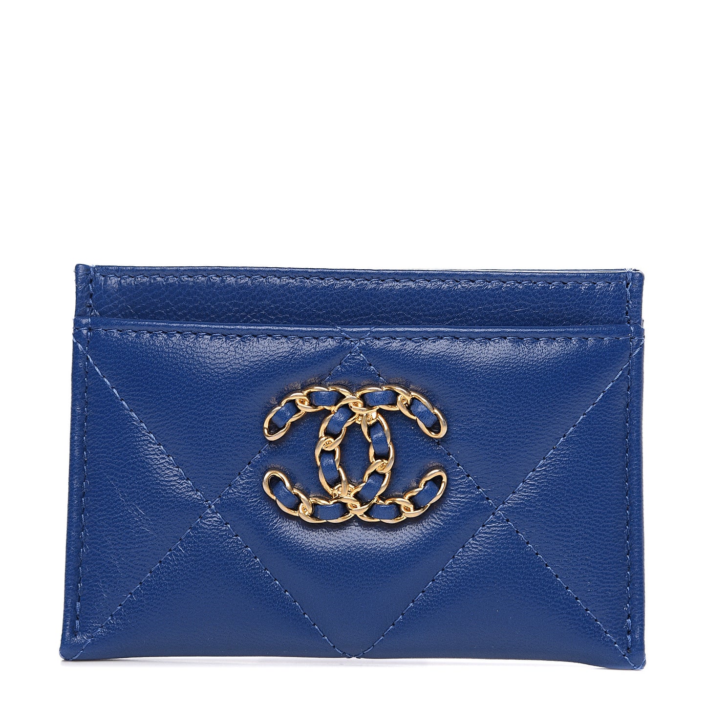 Shiny Goatskin Quilted Chanel 19 Card Holder Dark Blue