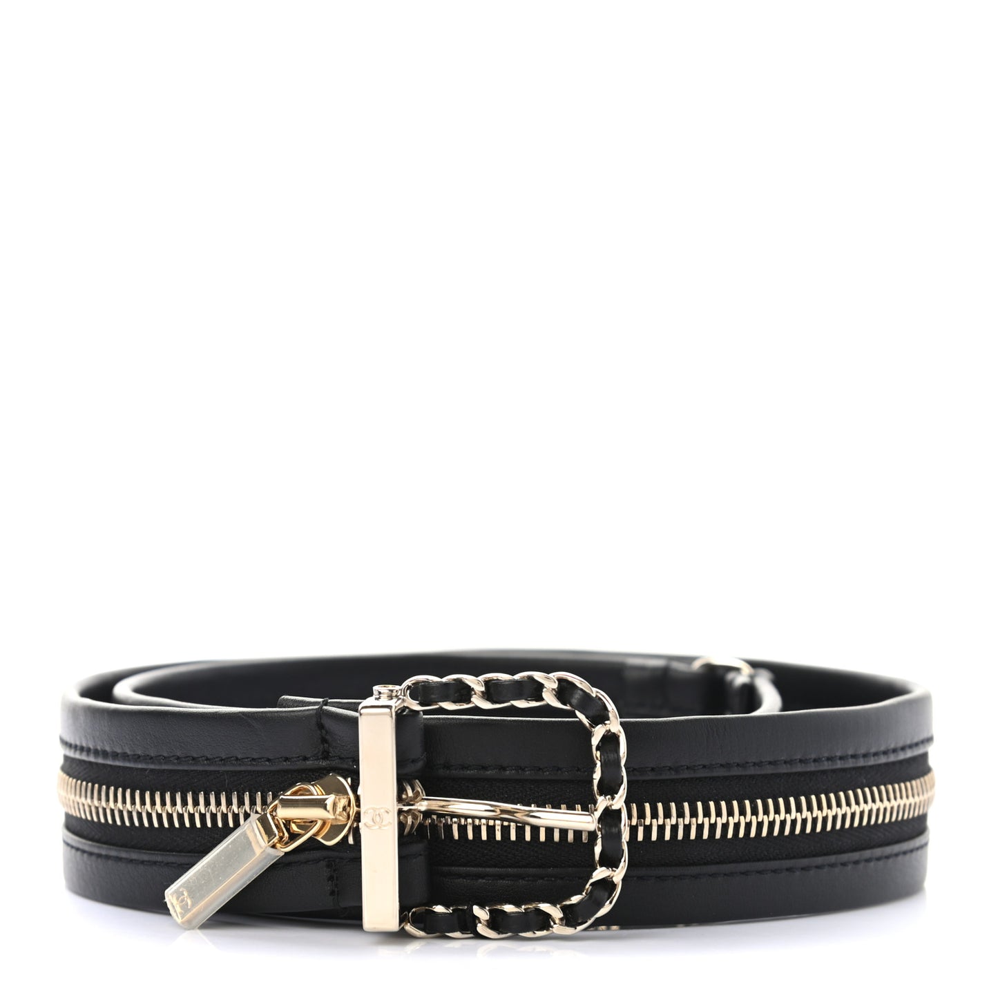 Calfskin Lambskin Zipper Chain CC Belt 80 32 Black