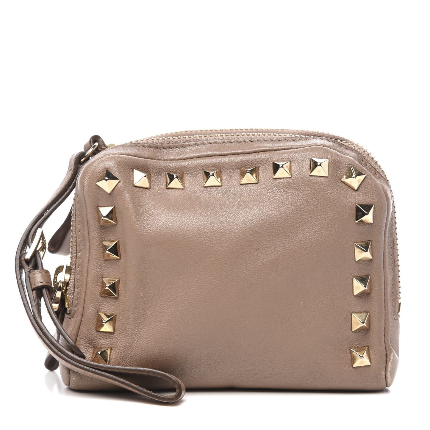 Vitello Rockstud Double Zip Compartment Clutch Wristlet Bag Poudre