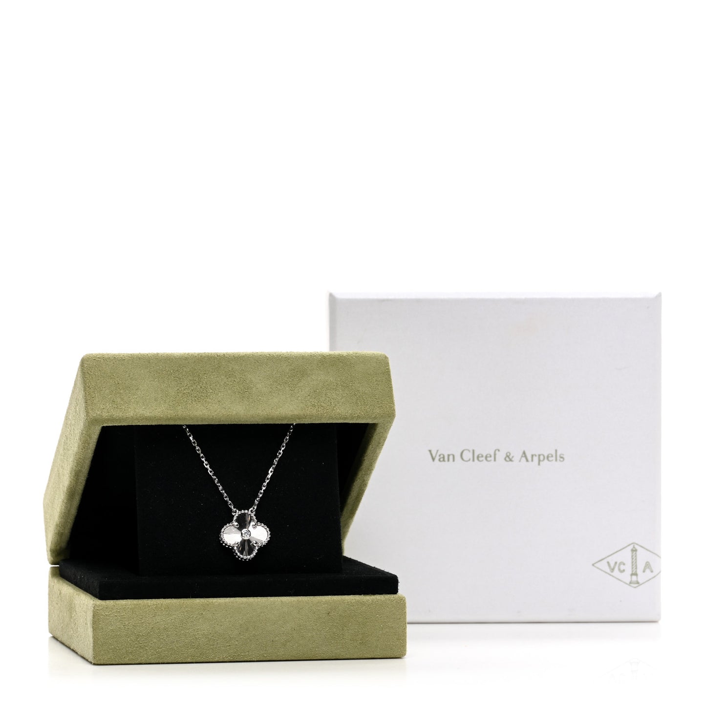 18K White Gold Diamond Guilloche Vintage Alhambra Pendant Necklace