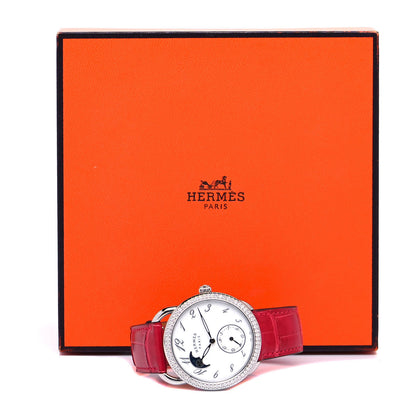 Hermes Stainless Steel Alligator Diamond Mother of Pearl 38mm Arceau Petite Lune Automatic Watch Braise 5 of 5