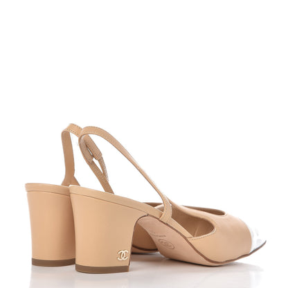 Chanel Lambskin Patent Cap Toe CC Slingback Sandals 37 Beige White 4 of 9