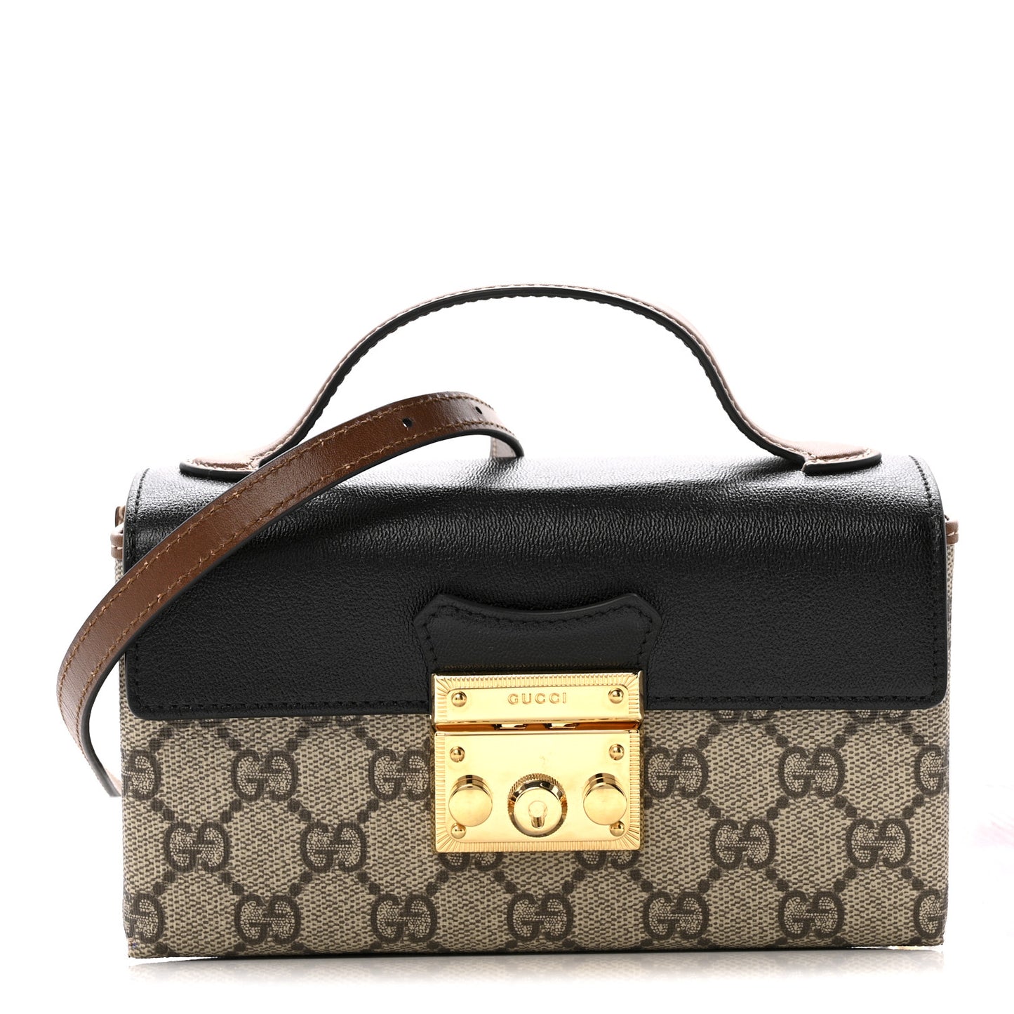 GG Supreme Monogram Calfskin Mini Padlock Top Handle Shoulder Bag Beige Black Cuir
