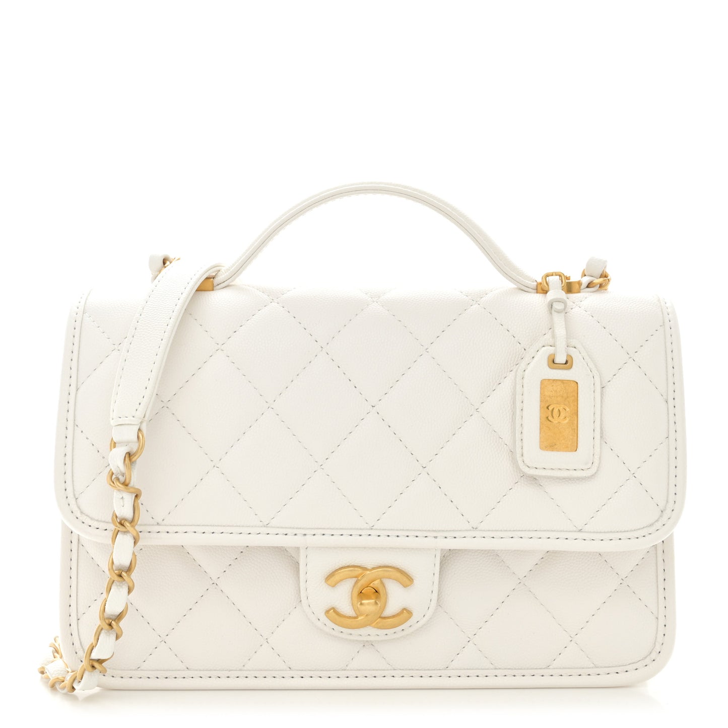 Caviar Quilted School Memory Small Top Handle Flap White