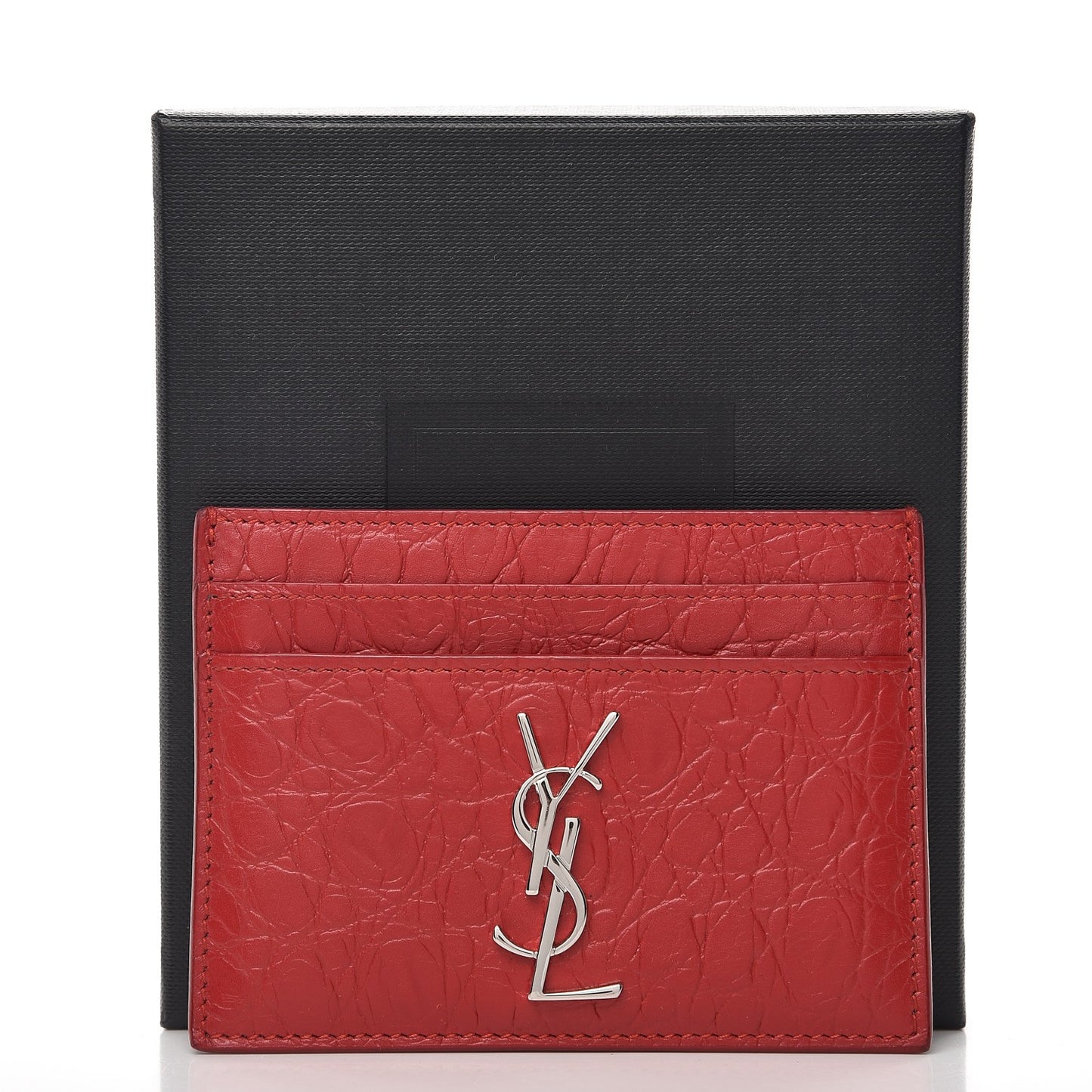 Calfskin Crocodile Embossed Monogram Credit Card Case Red