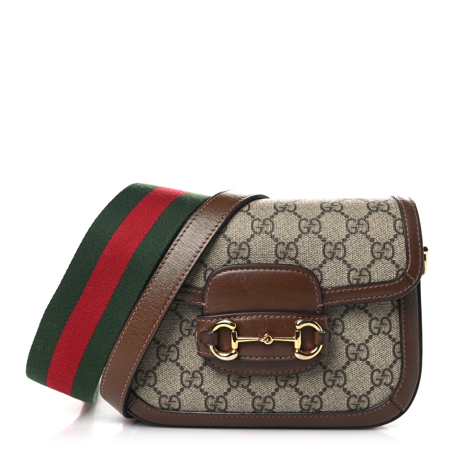 GG Supreme Monogram Azalea Calfskin Web Mini Horsebit 1955 Shoulder Bag Beige Ebony Brown Sugar
