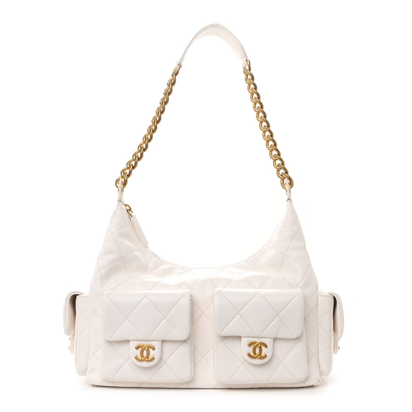 Shiny Lambskin Quilted Trendy Pockets Hobo White