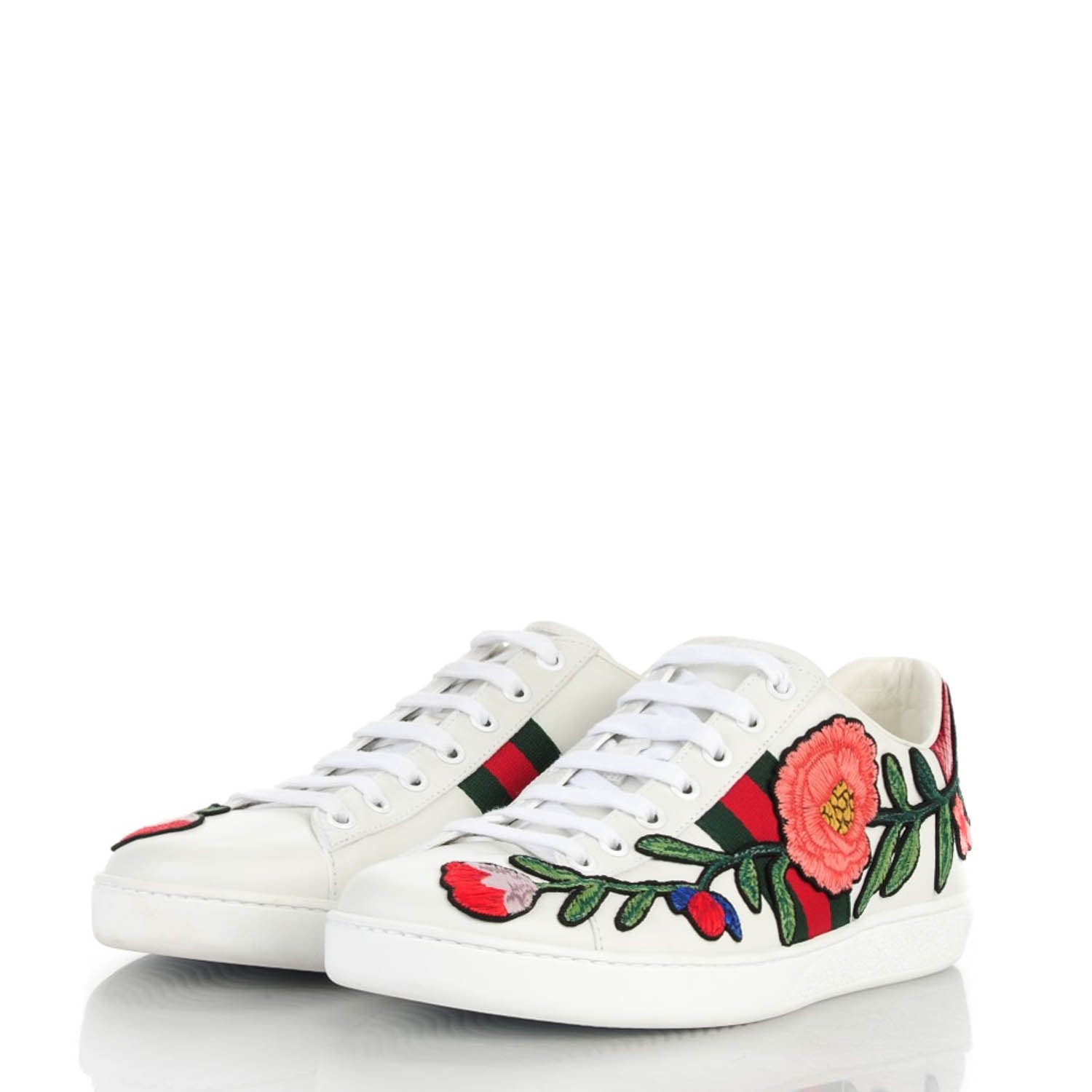 Gucci Calfskin Web Floral Embroidered Ace Sneakers 39.5 White 3 of 9