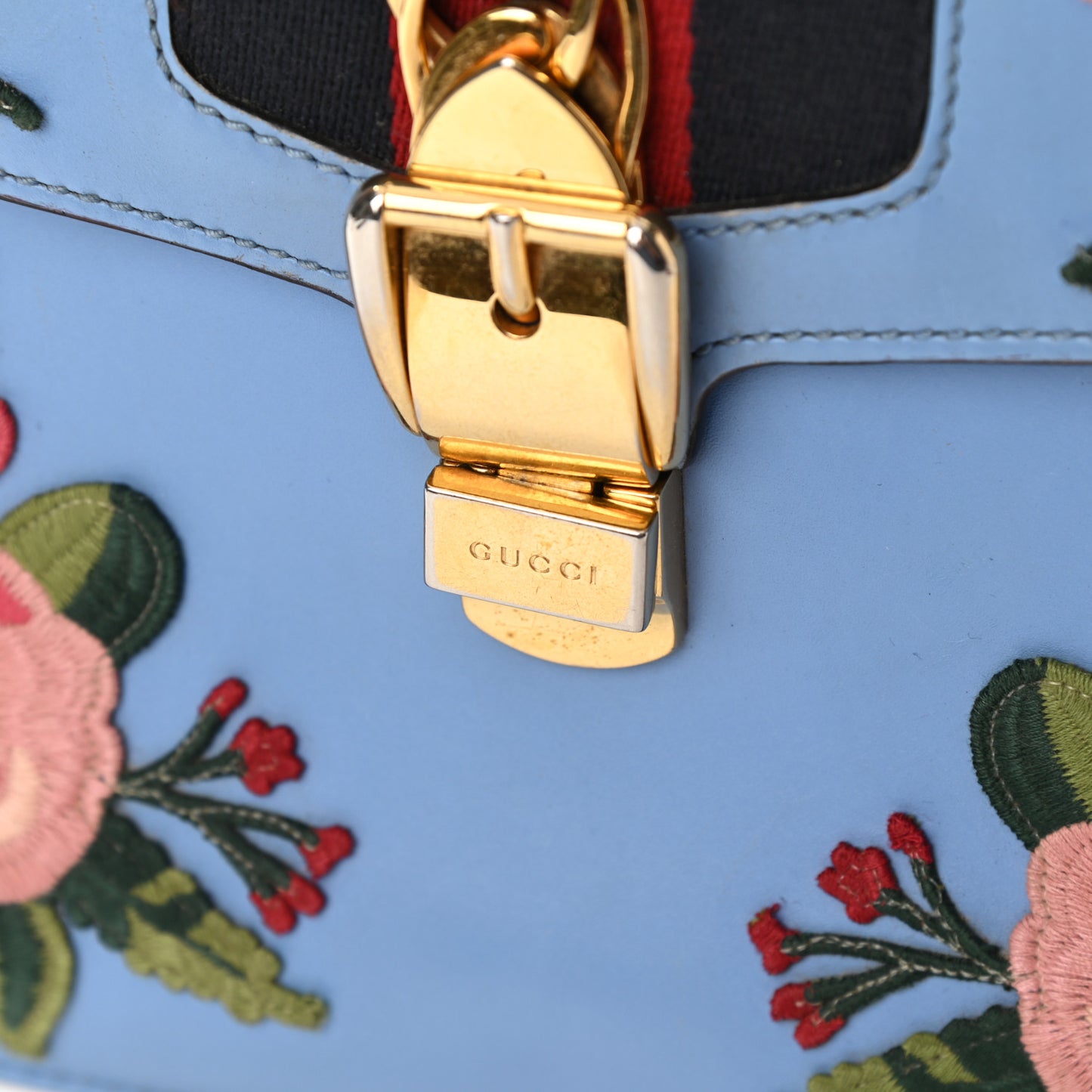 Calfskin Embroidered Medium Sylvie Top Handle Bag Clear Sky Blue