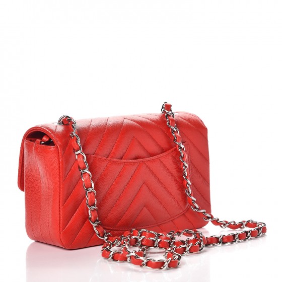 Caviar Chevron Quilted Mini Rectangular Flap Red
