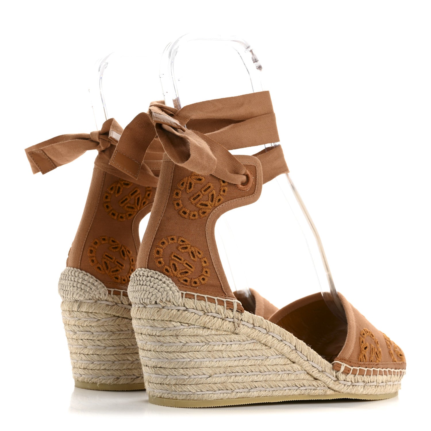 Gucci Canvas Damita GG Eyelet Espadrille Wedge Sandals 38 Blondie Cognac 5 of 11