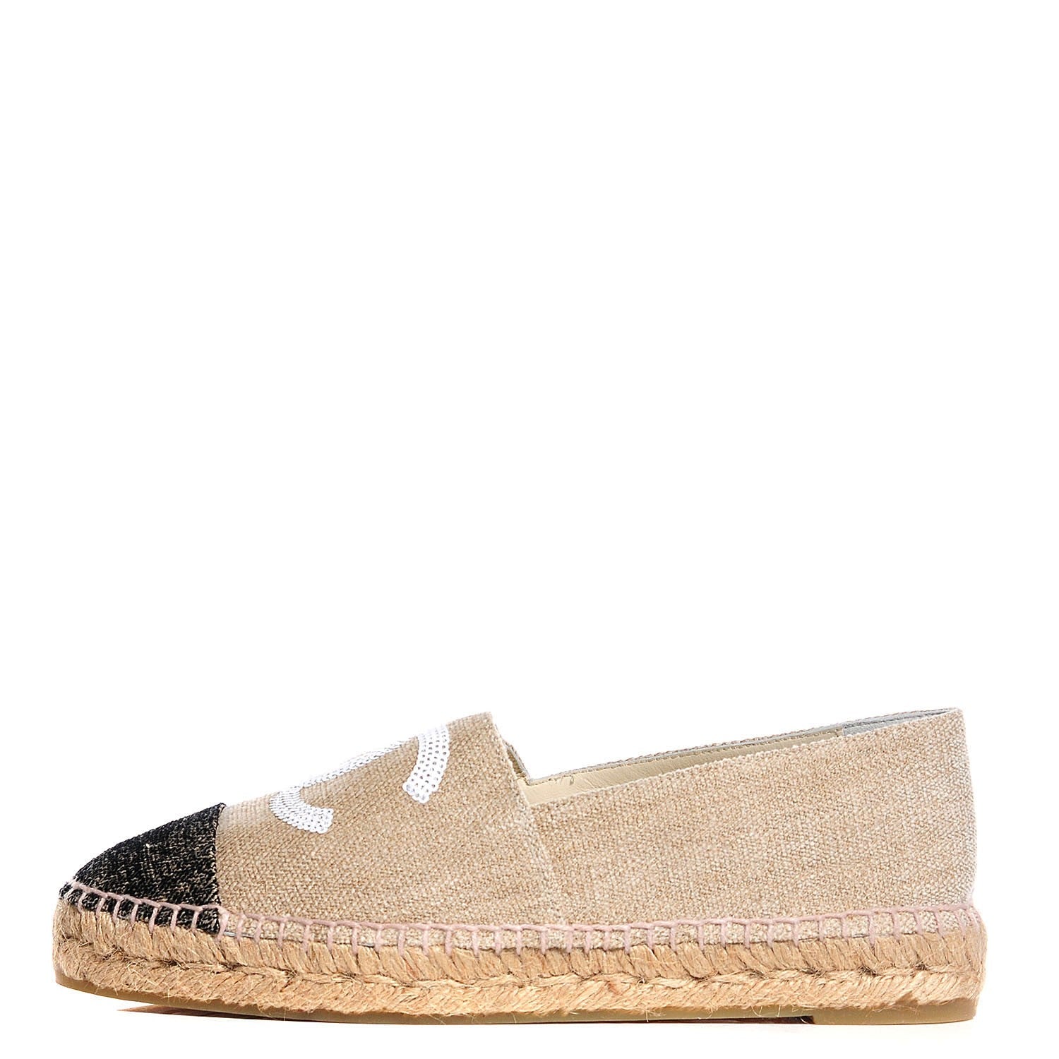 Chanel Toile Sequin CC Espadrilles Beige 39 Black Beige 1 of 7