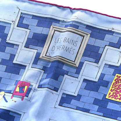 Hermes Silk Cotton Les Bains d'Scarf 100 Bleu Nuit Silex Magenta 2 of 3