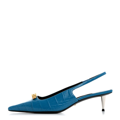 Gucci Calfskin Crocodile Print Square Slingback Pumps 38.5 Bright Sapphire 1 of 9