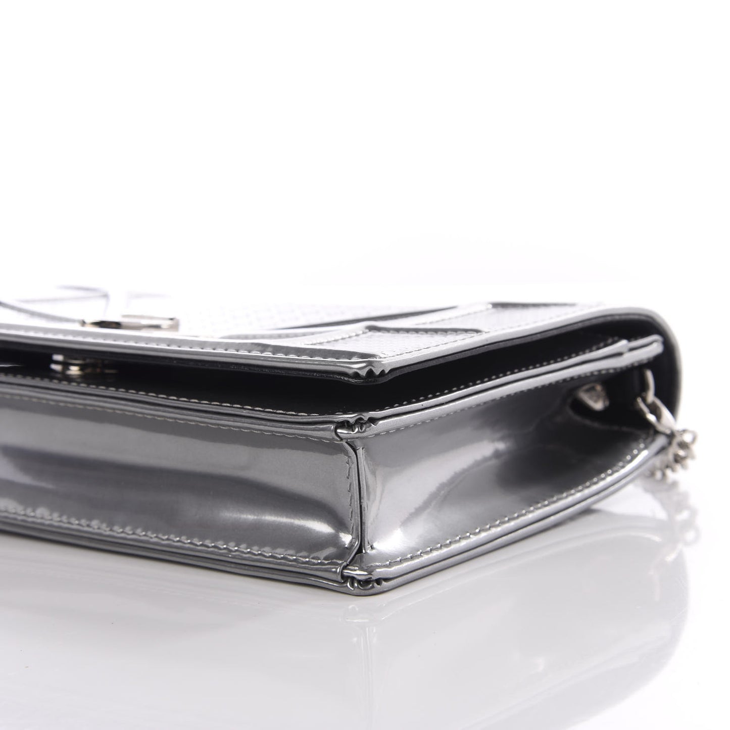Metallic Patent Micro-Cannage Diorama Wallet on Chain Pouch Silver