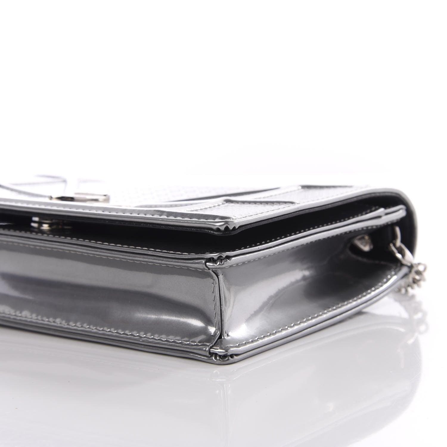Christian Dior Metallic Patent Micro-Cannage Diorama Wallet on Chain Pouch Silver 7 of 9